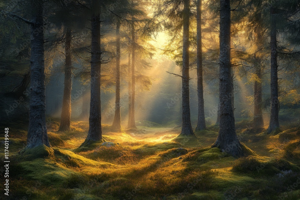 Fototapeta premium Sunlit forest path with golden light filtering through trees