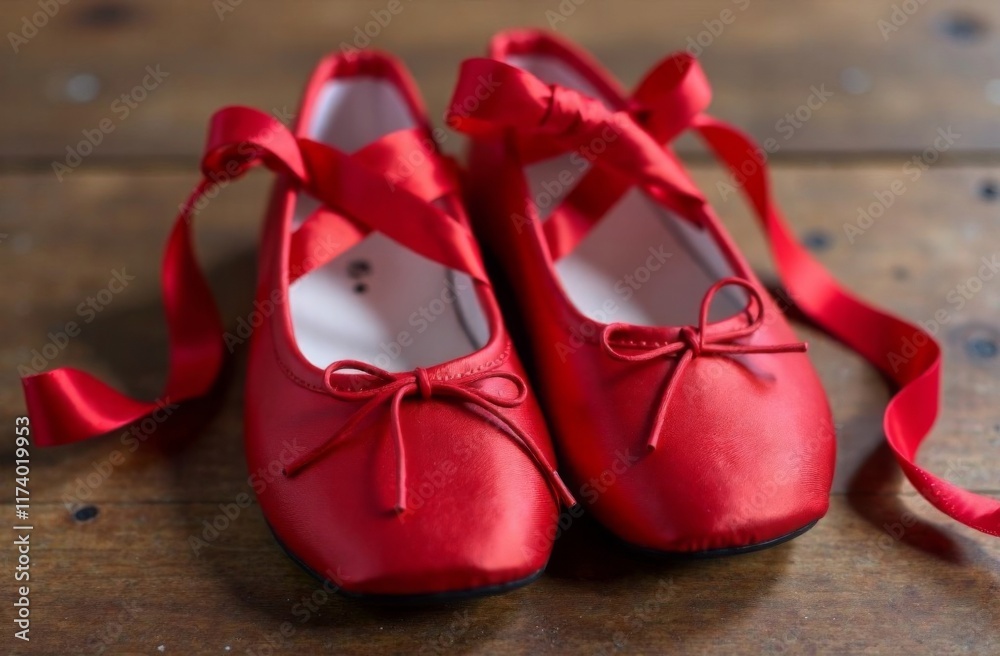 Red ballet shoes on wooden background Red ballet shoes on wooden background