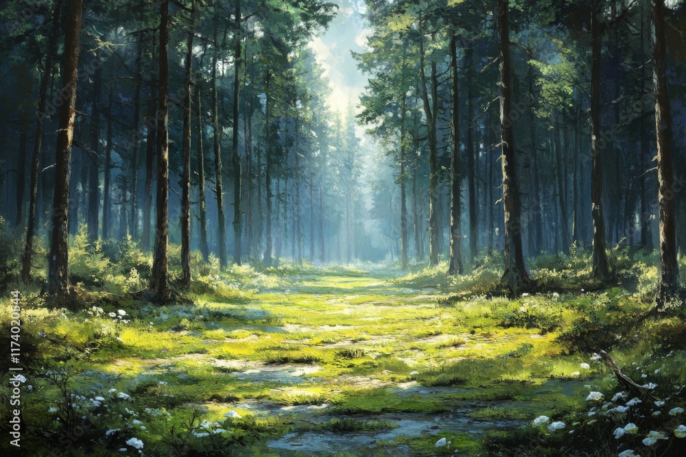 Obraz premium Sunlight streaming through trees in a serene forest