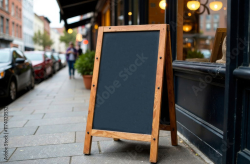 Restaurant sidewalk chalkboard sign board at street mockup