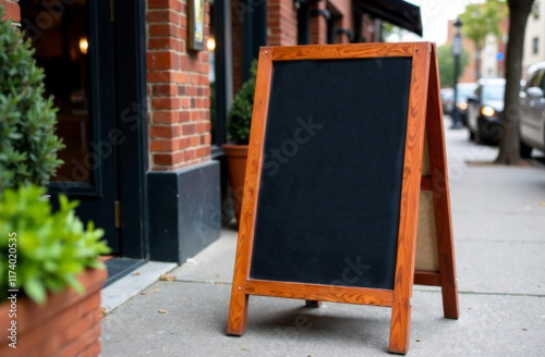 Restaurant sidewalk chalkboard sign board in street cafe mockup