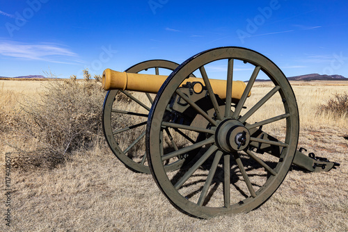 Old cannon in the high plains landscape of Fort Union
 National Monument New Mexico, USA.