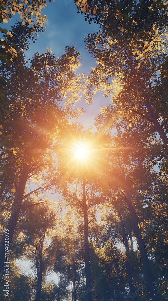 Obraz premium A sunbeam filters through a lush forest, creating a serene and tranquil atmosphere.