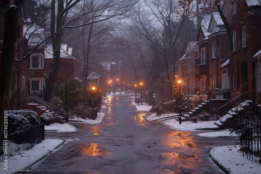 Snow-covered street with glowing lights in a quiet winter evening Snow-covered street with glowing lights in a quiet winter evening