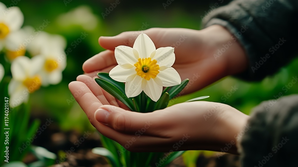 Gentle hands embrace a vibrant white daffodil in blooming garden Gentle hands embrace a vibrant white daffodil in blooming garden