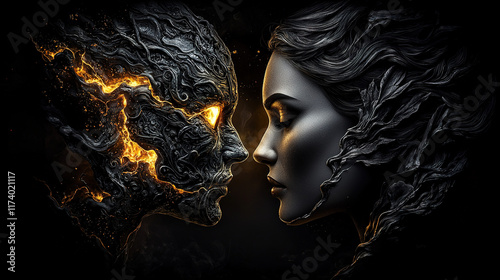  Abstract representation of two faces, one illuminated in warm light and the other hidden in shadows, symbolizing the balance of light and dark within human nature
