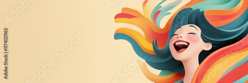 Cartoon woman with vibrant, wavy hair and joyful expression