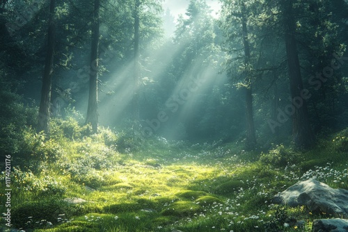 Sunlit forest with rays of light piercing through the trees