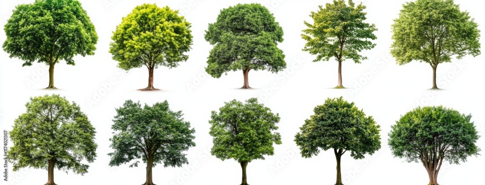 Fototapeta premium Isolated on a white background, a diverse collection of green trees