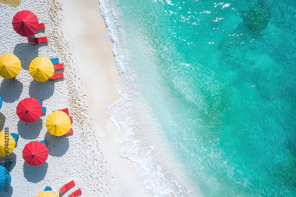 Naklejka premium Tropical beach with colorful umbrellas and turquoise water