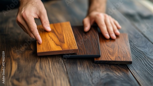 Man choosing wood samples on rustic table for interior design and renovation projects