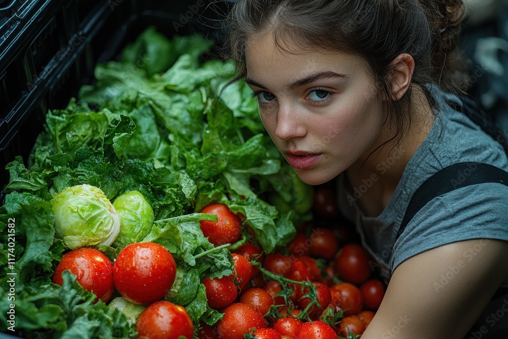 Food waste recycling concept woman throwing fresh salad in black bin composting kitchen environment Food waste recycling concept woman throwing fresh salad in black bin composting kitchen environment