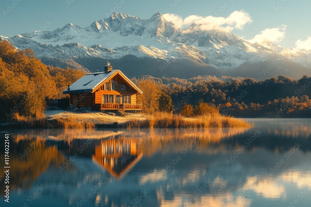 Scenic lake surrounded by mountains under a blue sky Scenic lake surrounded by mountains under a blue sky