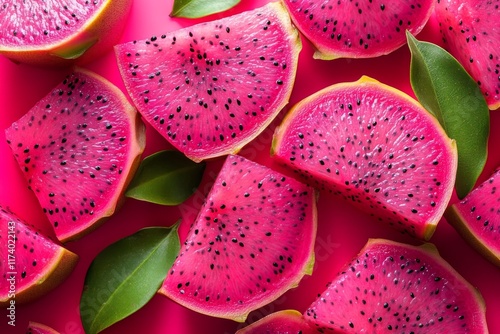 Closeup of vibrant pink dragon fruit with seeds and green tips