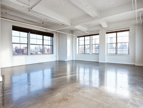 An empty apartment with a polished concrete floor, simple white walls, and large windows offering versatile design potential