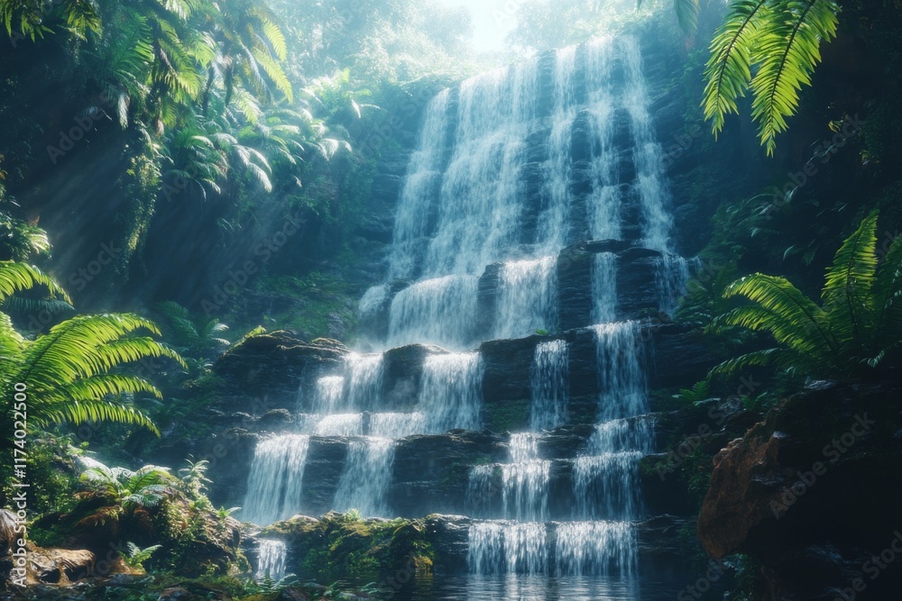 Majestic waterfall in a lush green forest with sunlight filtering through