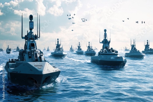 Advanced naval fleet of autonomous vessels patrolling a vast ocean under clear skies