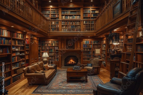 Luxurious home library interior with wooden bookshelves and a cozy reading chair photo