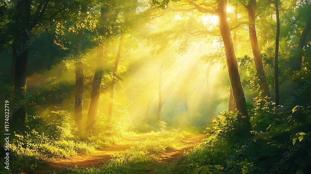 Obraz premium A serene forest scene illuminated by sunlight filtering through trees.