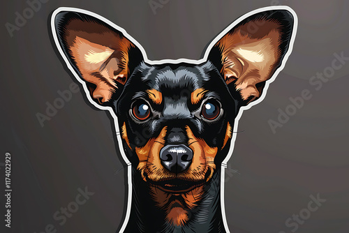 pet character illustration, create a graphic novel-style sticker of a confident miniature pinscher portrait, fierce attitude, vector image with no outline photo