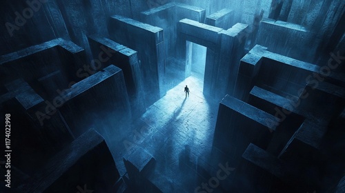 Person walks through a stone maze, with light from exit. photo