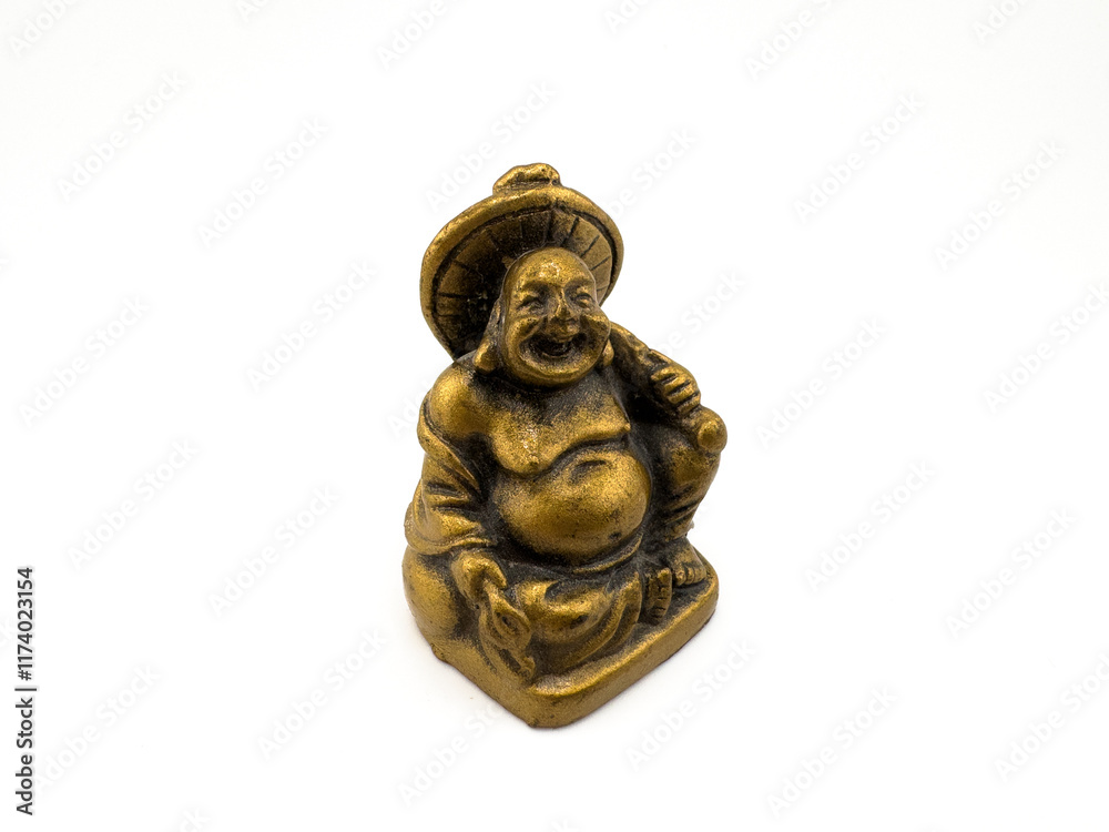 Golden Laughing Buddha Figurine with Detailed Carvings and Smiling Expression Golden Laughing Buddha Figurine with Detailed Carvings and Smiling Expression