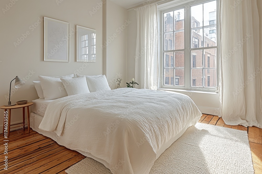 Modern minimalist bedroom with white linens and natural light Modern minimalist bedroom with white linens and natural light