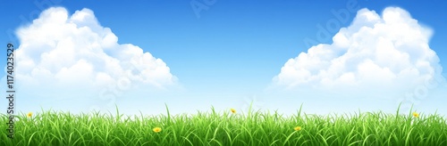 On a beautiful spring day, the landscape reveals a green field splashed with yellow dandelions, with a vast blue sky above, providing a wide-angle look at the lush grass and vibrant flowers on the