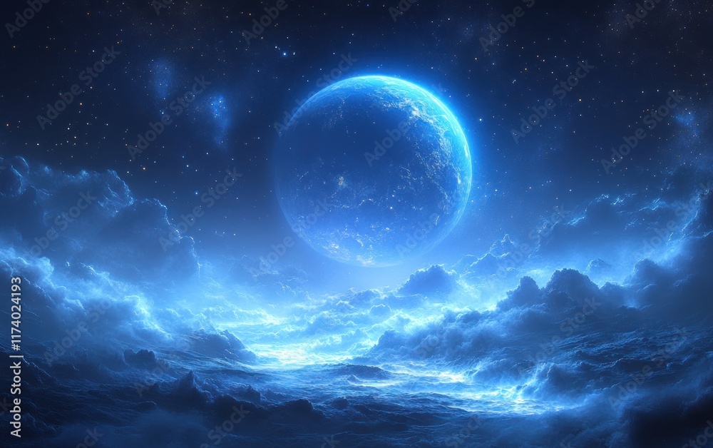 Fototapeta premium Vibrant Blue Planet Surrounded by Rings in Cosmic Landscape with Stars