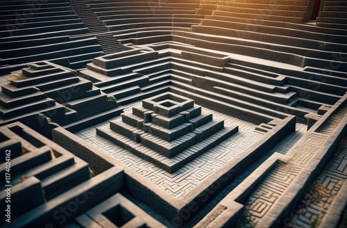 A stepped architectural design featuring a central ziggurat-like structure surrounded by descending terraces, highlighted by intricate patterns and bathed in warm sunlight photo