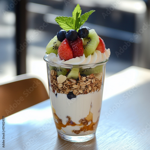 Fruity yogurt parfait with granola kiwi strawberries and blueberries