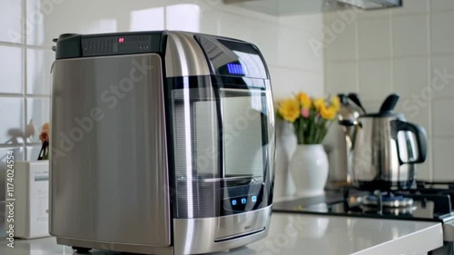 A modern air fryer placed in a well-lit kitchen, symbolizing healthy cooking techniques.