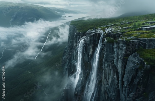 A breathtaking view of majestic cliffs with cascading waterfalls surrounded by misty mountains and lush greenery. photo