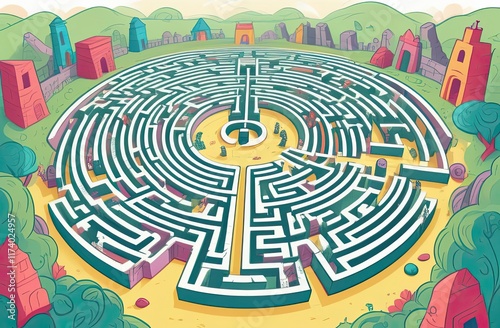 A vibrant circular maze set in a whimsical, illustrated landscape with colorful structures, lush greenery, and playful details scattered throughout the scene