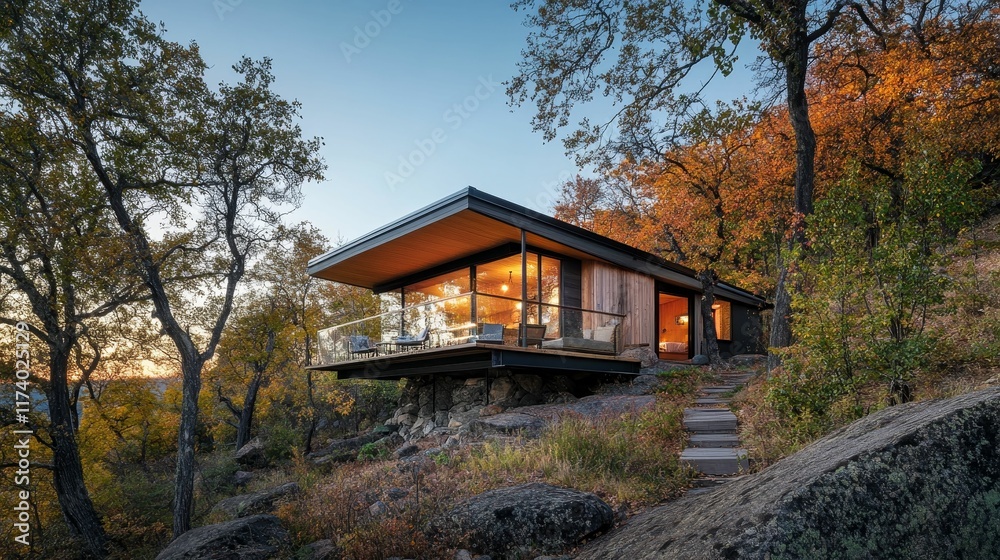 Modern cabin, autumn woods, rocky hillside, glass walls. Modern cabin, autumn woods, rocky hillside, glass walls.