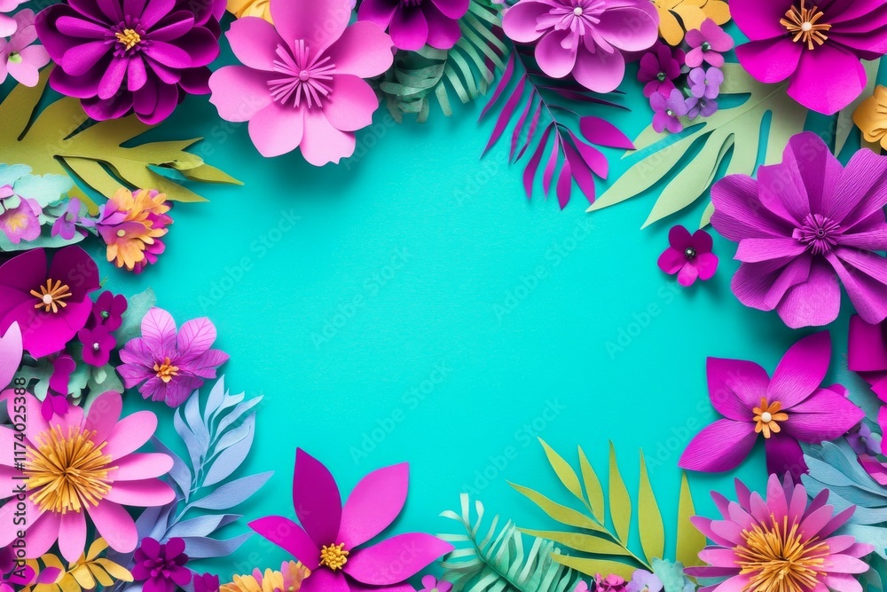A top-down view showcasing colorful paper-cut flowers with green leaves resting on a blue background, with space for extra text A top-down view showcasing colorful paper-cut flowers with green leaves resting on a blue background, with space for extra text