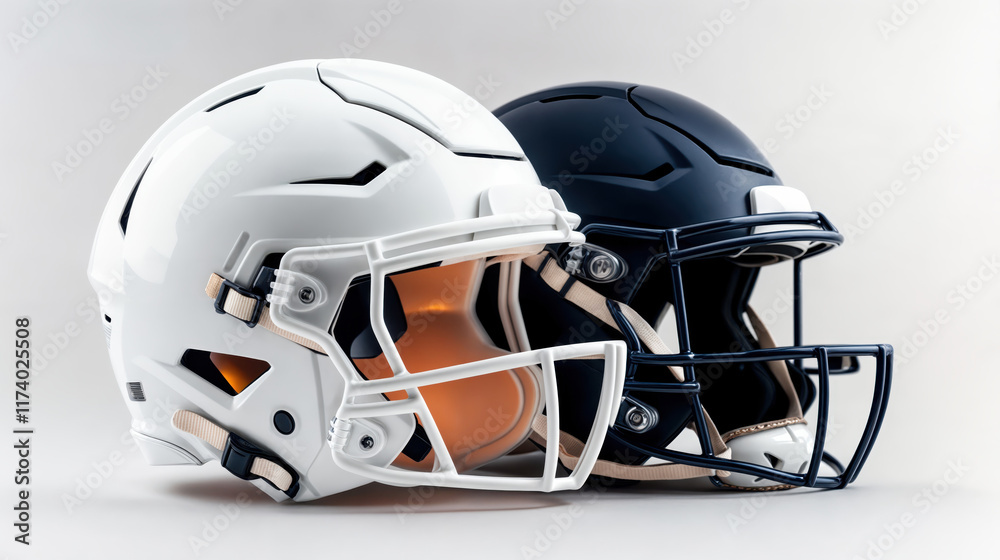 Fototapeta premium Two american football helmets facing each other on white background