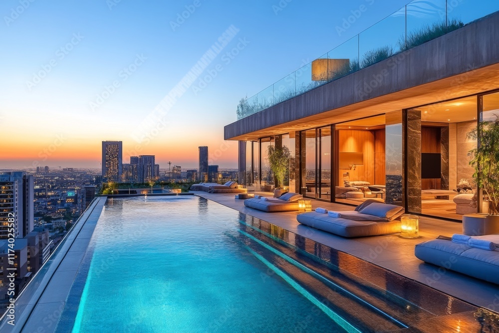 Obraz premium Modern rooftop pool with a city skyline view at sunset