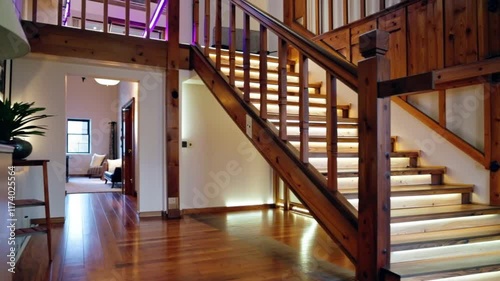 Wooden stairs illuminated by neon light in a stylish loft, with a beautiful interior featuring hardwood floors, creating a modern and inviting atmosphere.