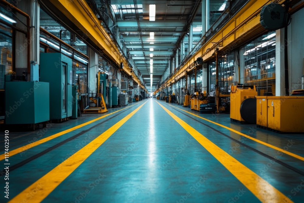 Wide industrial corridor with bright overhead lighting and metal floors Wide industrial corridor with bright overhead lighting and metal floors