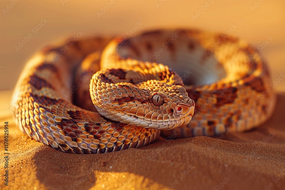 Fototapeta premium A close-up of a beautiful, coiled desert snake basking in the warm sunlight on sandy terrain.
