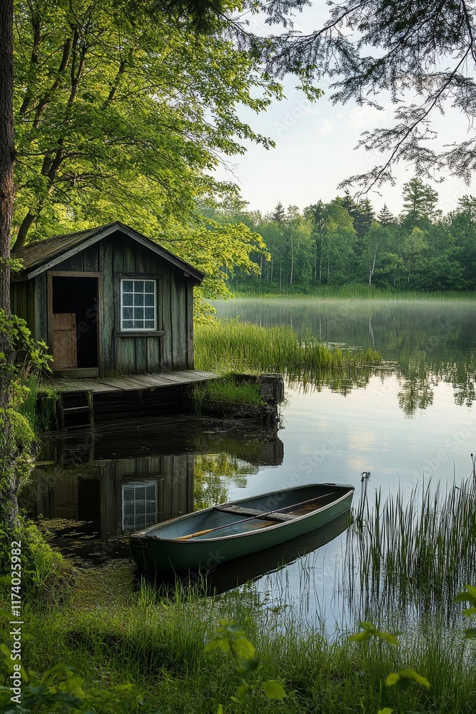 Wooden boathouse, canoe, calm lake, green foliage. Wooden boathouse, canoe, calm lake, green foliage.