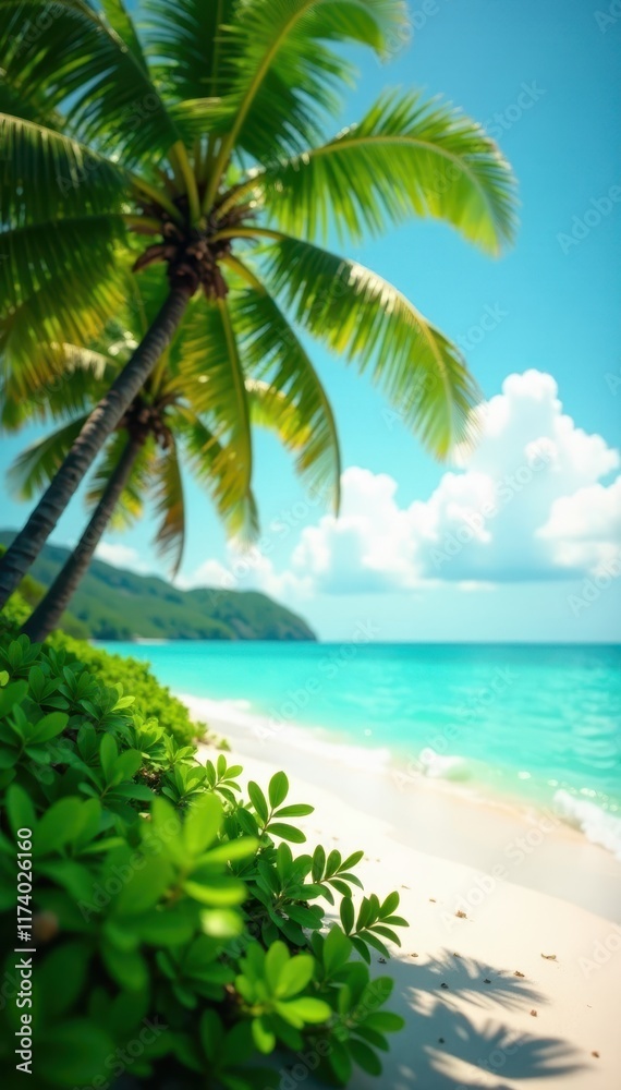 Soft focus tropical greenery and coconut trees at beach, blur, tropical Soft focus tropical greenery and coconut trees at beach, blur, tropical