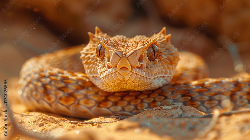 Naklejka premium A close-up of a unique snake blending into its desert surroundings, showcasing its intricate scales and predatory gaze.
