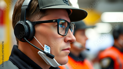 robust security guard with the headset and black glasses photo