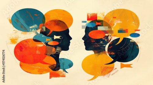 Speech bubbles overlapping, symbolizing shared thoughts and the discovery of compromise in communication, representing dialogue and understanding.
 