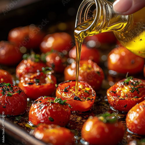 Roasted cherry tomatoes drizzled with olive oil and fresh herbs