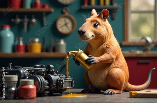 A kangaroo carefully pouring oil from a golden container into a small engine on a workshop table, surrounded by tools and colorful jars, emphasizing mechanical skill and maintenance photo