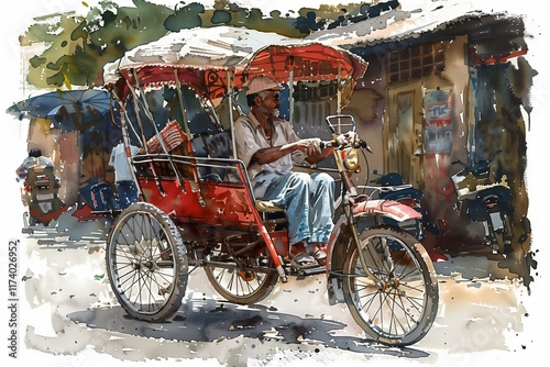 A colorful rickshaw driven by a local man, showcasing vibrant street life and transport culture in a busy urban setting.