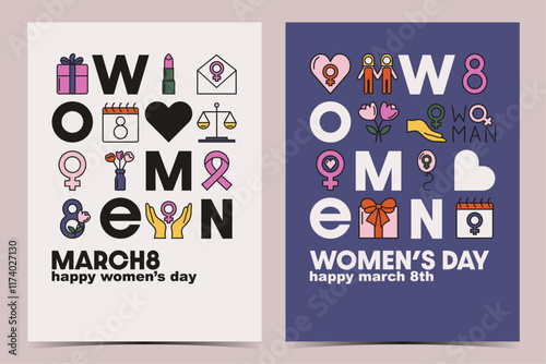 Set of International Women's Day, March 8 covers, posters, greeting cards, labels, flyers, banners with cute, colorful icons